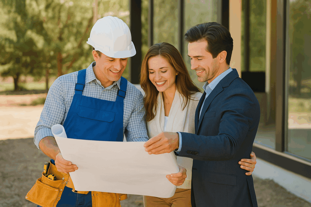 ConstructionX project manager reviewing custom home plans with clients on-site, representing custom home building and project management services in Ontario