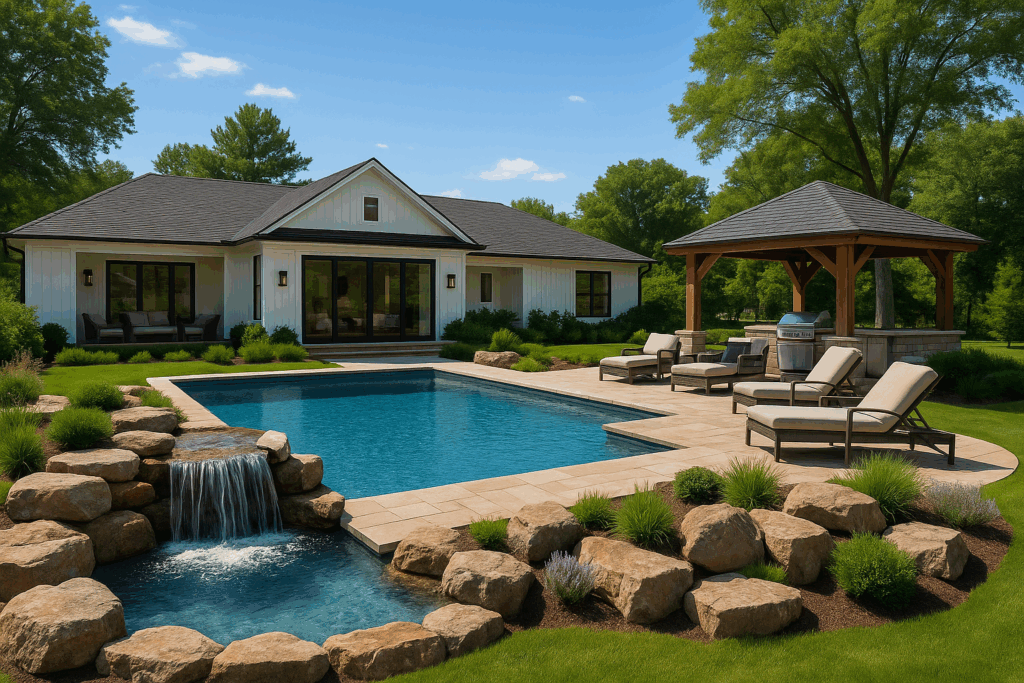 Backyard landscape with pool, outdoor kitchen, patio furniture, water feature, gazebo, and ranch-style custom home, showcasing landscape design by ConstructionX