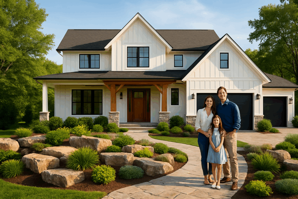 Custom two-story luxury home with modern architecture and elegant landscaping, representing the quality and trust behind custom home building by ConstructionX