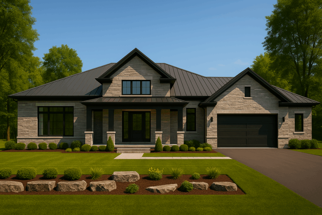 Modern rural bungalow in Kingston with grey-beige brick, black trim, and stone-accented landscaping
