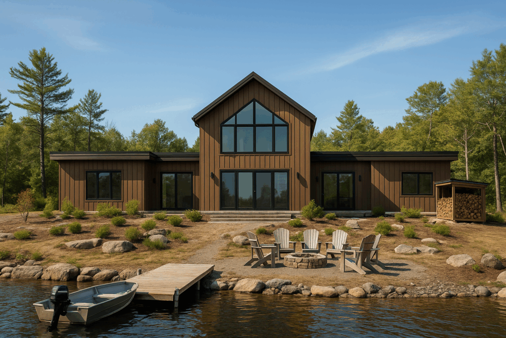 Barndominium-style Sharbot Retreat with gable roof and lakeside fire pit in Kingston