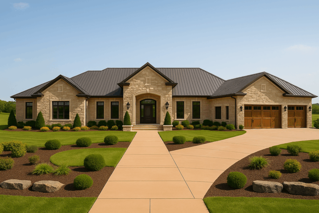 Custom luxury ranch home in Kingston with tan stone exterior and four-car garage