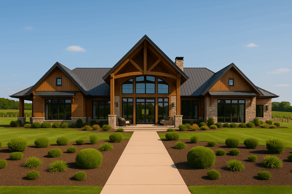 Chalet-style custom home at vineyard with rustic wood and stone exterior in Kingston