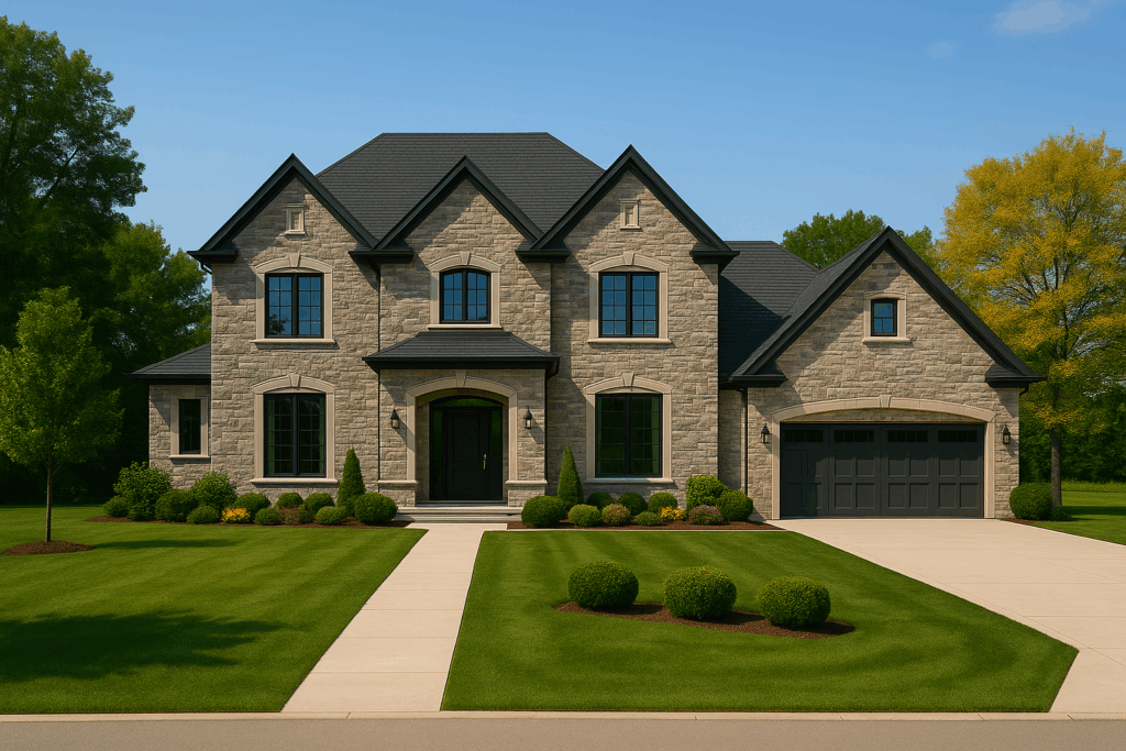 ConstructionX custom home builders in Toronto design a luxury executive home with stone facade, keystones, and elegant architectural detailing