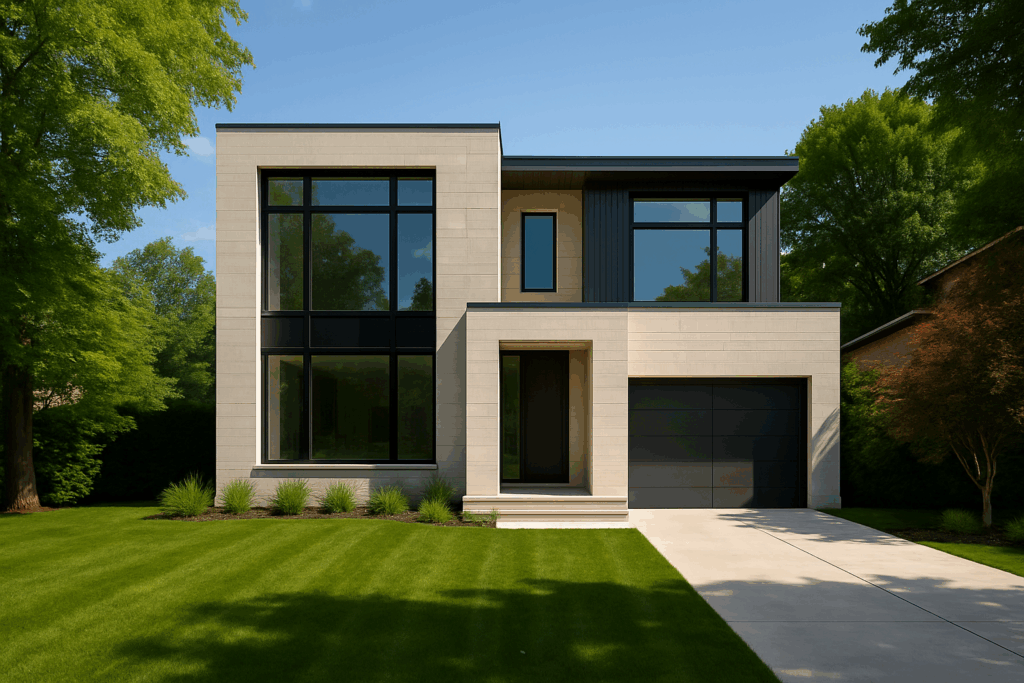 ConstructionX custom home builders in Toronto design a wide-angle view of a modern two-storey home with large windows and garage