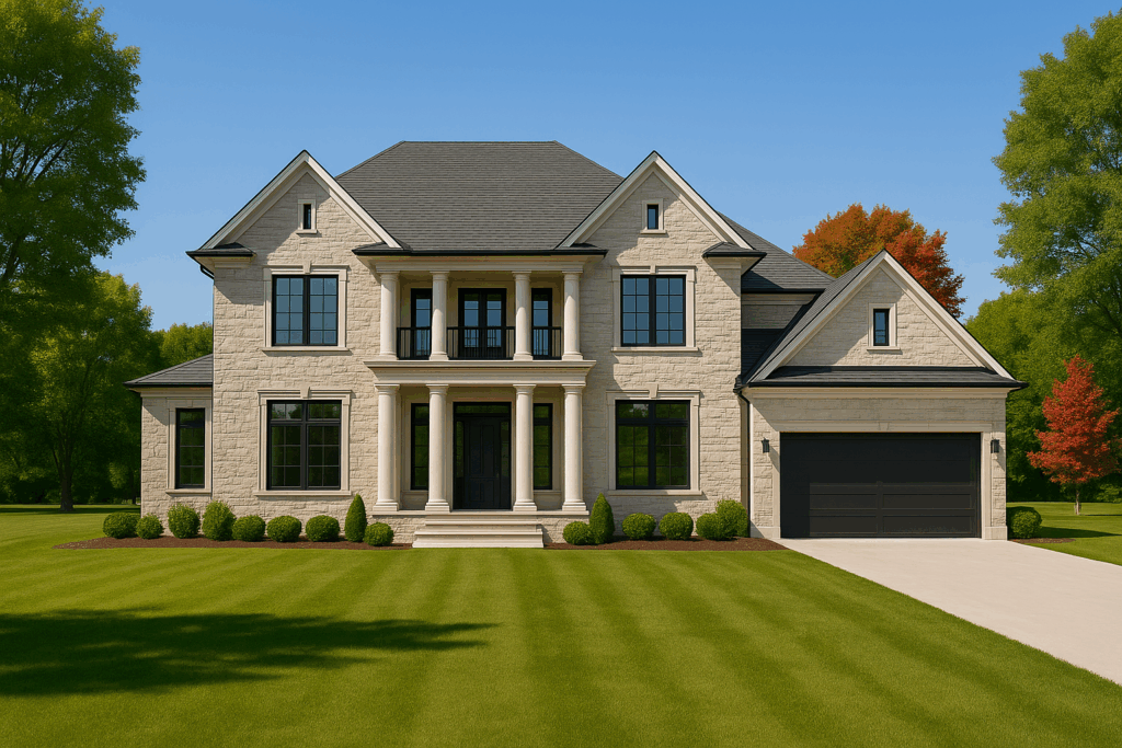 ConstructionX custom home builders in Toronto design a luxury two-storey home in King City with stone facade, modern roofline, and oversized garage door