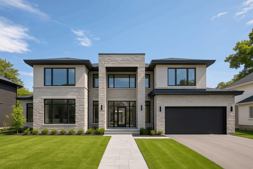 ConstructionX custom home builders in Toronto design a wide-angle modern two-storey home with flat roof, glass facade, and contemporary garage