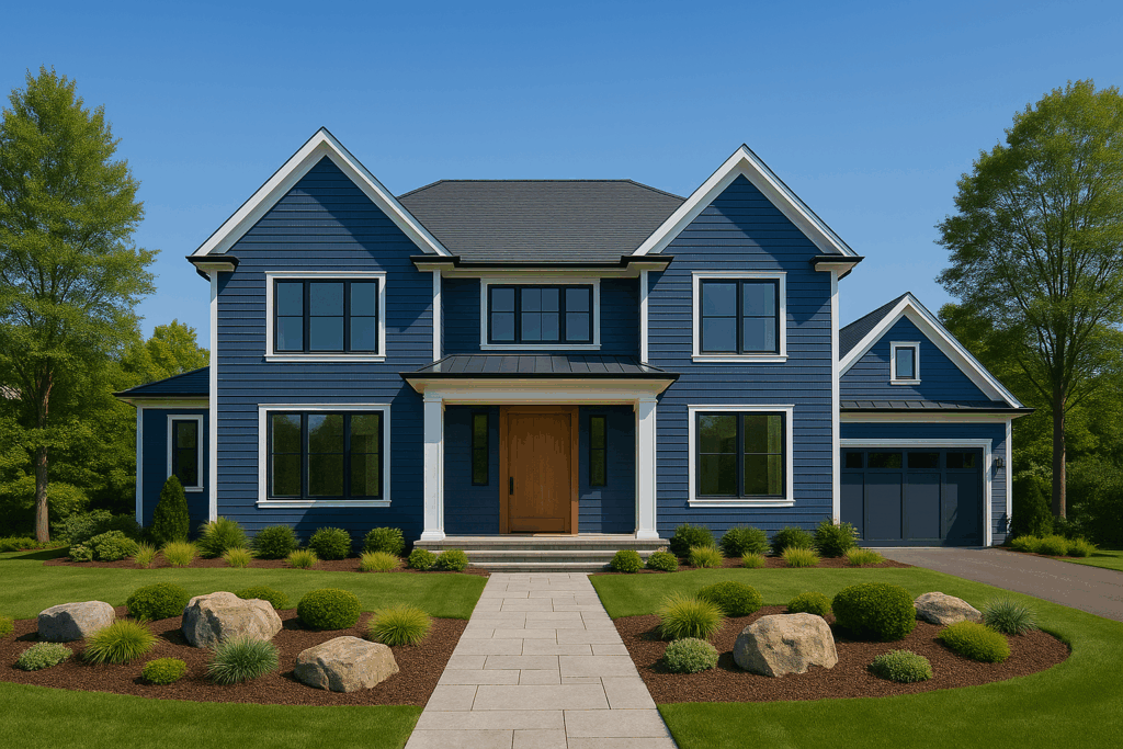 Modern Hamptons-style custom home with navy blue siding, white trim, and symmetrical landscaping