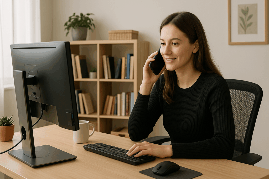 Woman working from home while speaking on the phone at her desk Contact us
