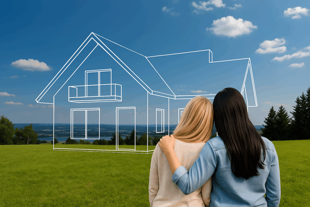 Two women envisioning a modern custom home in Ontario with blueprint overlay