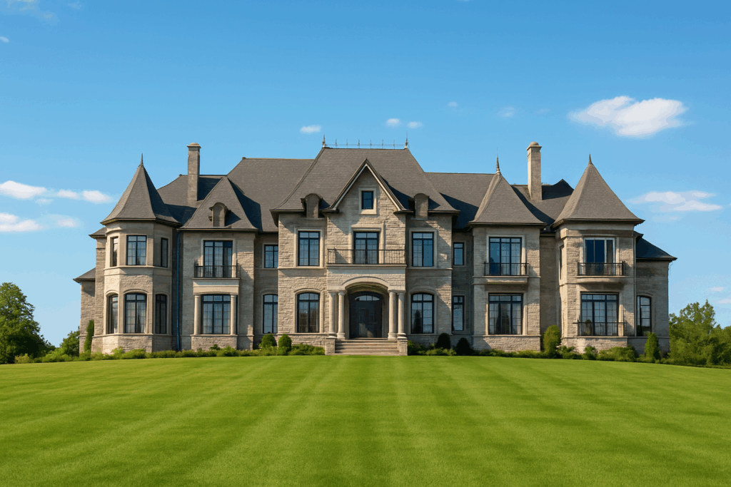 ConstructionX custom home builders in Toronto design a wide-angle luxury château-style mansion with turrets, peaked roofs, and stone exterior