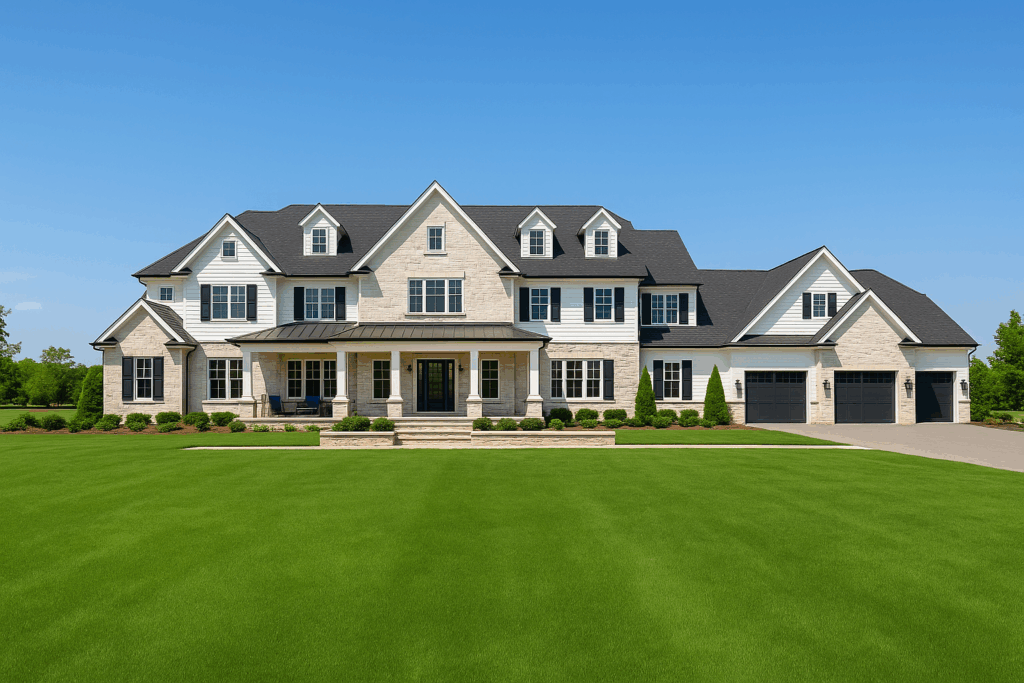 ConstructionX custom home builders in Toronto design a wide-angle modern country estate with gables, stone accents, and symmetrical layout