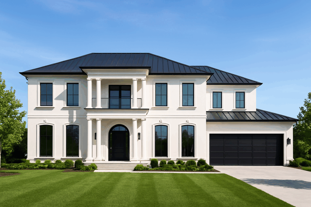 ConstructionX custom home builders in Toronto design a modern colonial estate with white exterior, black trim, dormers, and architectural detailing