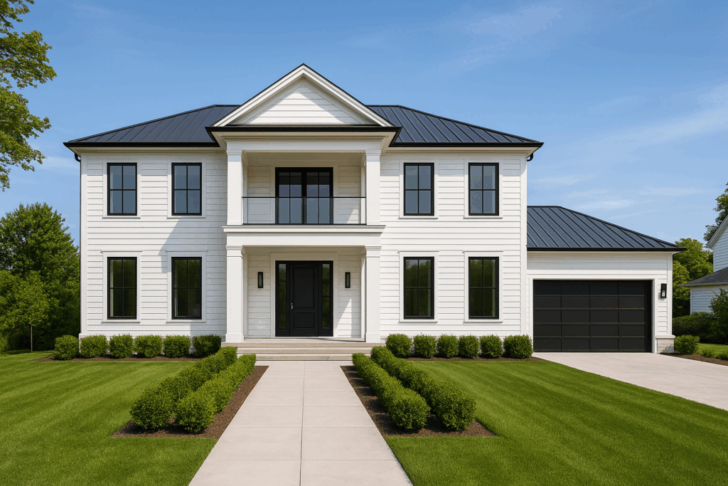 ConstructionX custom home builders in Ottawa design a modern colonial home with tall windows, black trim, and contemporary white facade