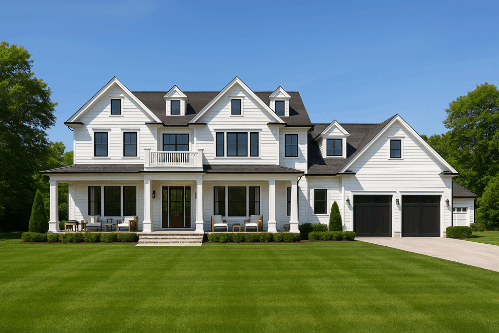 ConstructionX custom home builders in Ottawa design a luxury Hamptons-style estate with white exterior, black accents, and wraparound porch