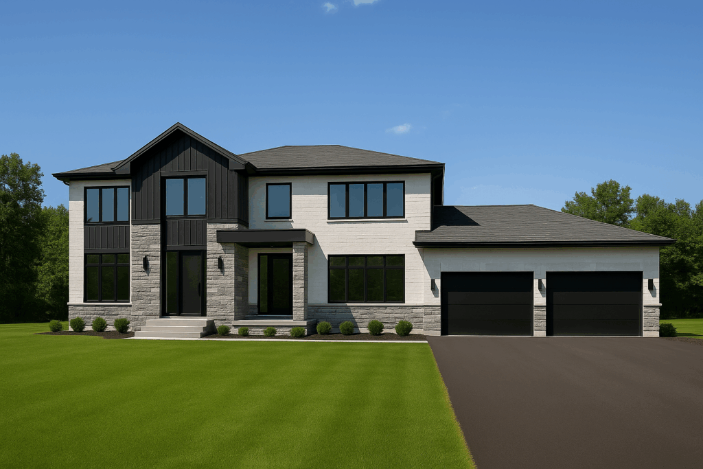 ConstructionX custom home builders in Ottawa design a modern rural home with black and white exteriors, grey stone accents, and a large garage