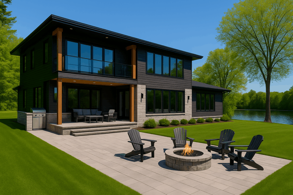 Modern rural home in Ottawa with black and white exterior, grey stone accents, and a large garage designed by ConstructionX