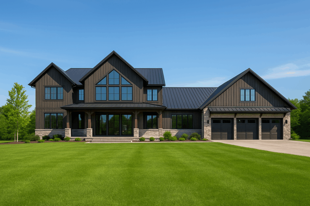 Modern black and white custom Barndominium home in Ottawa with grey stone accents and large garage by ConstructionX