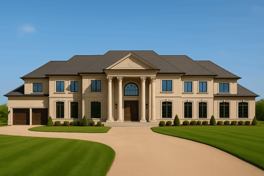 Luxury estate home in Ottawa with grand columns, beige stone exterior, and expanded double garage under a sunny sky