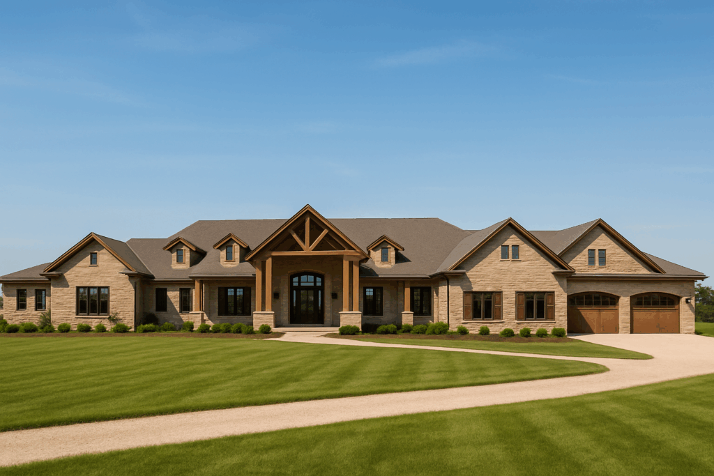 Luxury ranch-style estate home in Ottawa with stone exterior, timber accents, and a wide footprint under a sunny blue sky