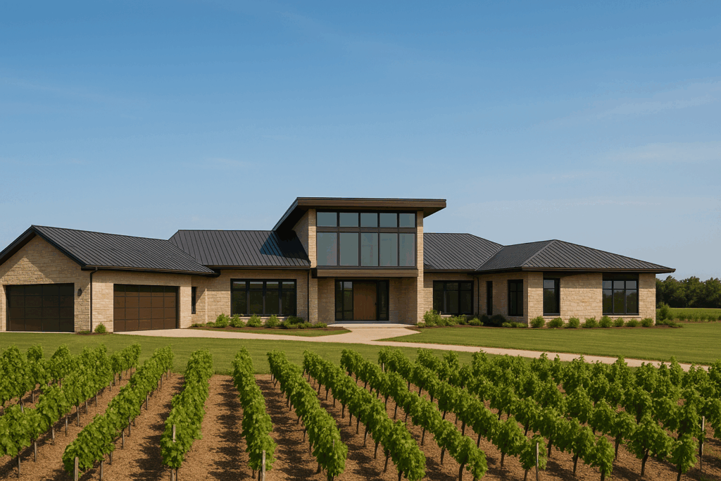 Contemporary estate home at a vineyard in Ottawa with dark metal roof, glass tower entry, and natural stone exterior