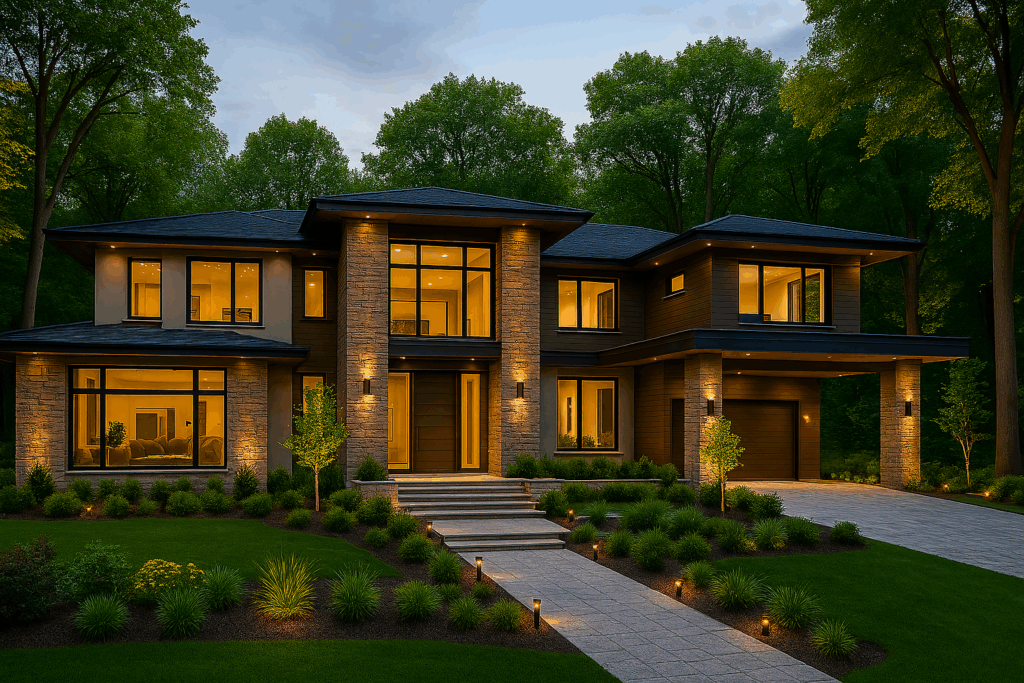 Modern luxury home at dusk with lighting features and rich landscaping, built by custom home builders in Ontario