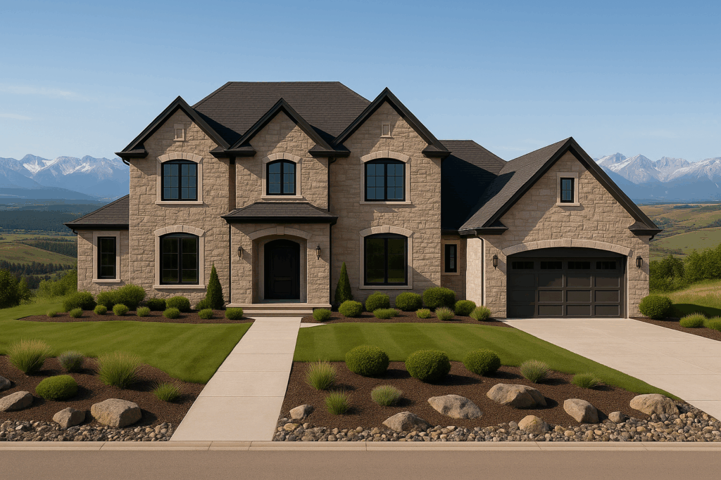 Hamptons-style luxury home designed by Custom Home Builders in Calgary, ConstructionX, with elegant stone facade and distant mountain views.