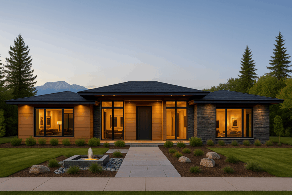 Single-story California-inspired custom home by Custom Home Builders in Calgary, ConstructionX, with sunset lighting and distant mountain backdrop.