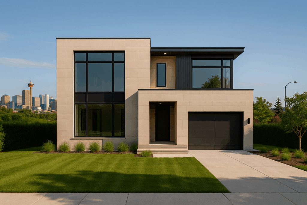 Contemporary cube-style custom home by Custom Home Builders in Calgary, ConstructionX, with skyline and Calgary Tower in the background.