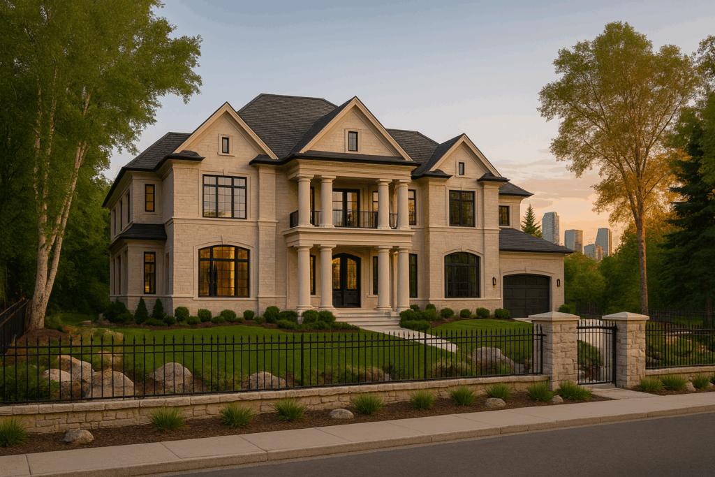Grand luxury estate in Upper Mount Royal by Custom Home Builders in Calgary, ConstructionX, with stone exterior, iron fencing, and lush landscaping.