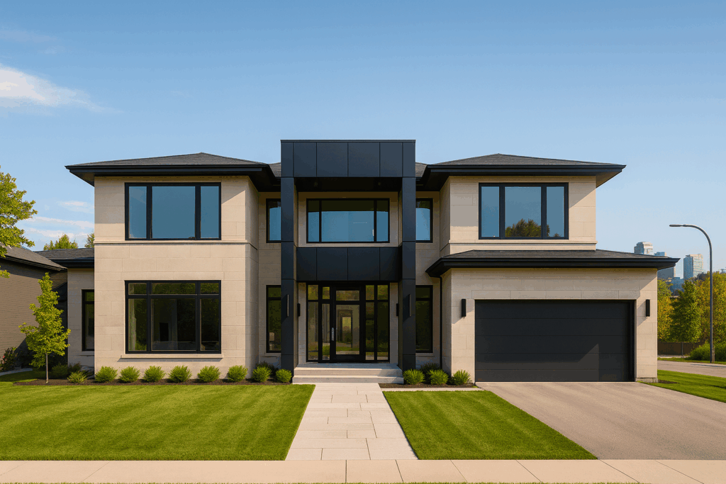 Modern custom home in Cranston by Custom Home Builders in Calgary, ConstructionX, featuring ACM black panel entry and clean stone facade.
