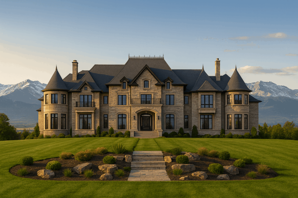 Luxury European chateau-style custom estate by Custom Home Builders in Calgary, ConstructionX, with panoramic mountain views and manicured landscaping.