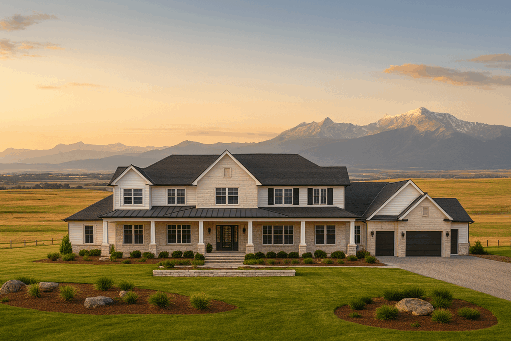 Expansive ranch-style custom estate by Custom Home Builders in Calgary, ConstructionX, located on rolling land outside the city with modern prairie landscaping.