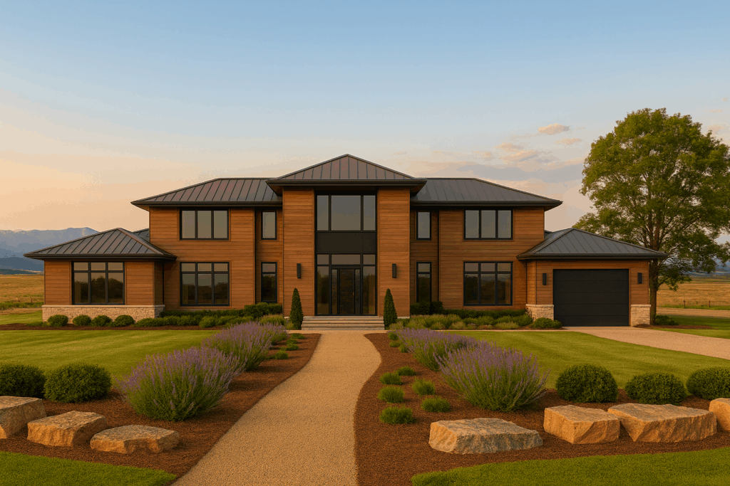 Winery-style luxury custom home by Custom Home Builders in Calgary, ConstructionX, featuring warm wood siding, lavender landscaping, and prairie backdrop.