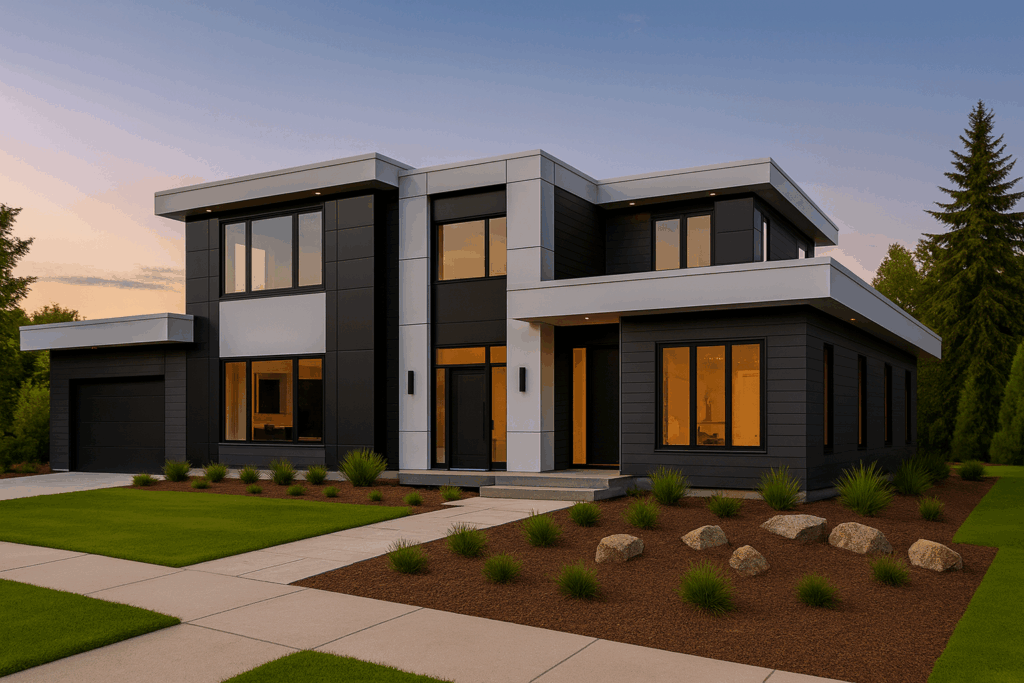 Contemporary custom home by Custom Home Builders in Calgary, ConstructionX, with white ACM panels, dark gray wood-grain siding, and refined landscaping.