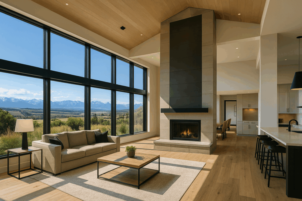 Modern open-concept grand room by Custom Home Builders in Calgary, ConstructionX, with full-height windows overlooking a valley and the Rocky Mountains.