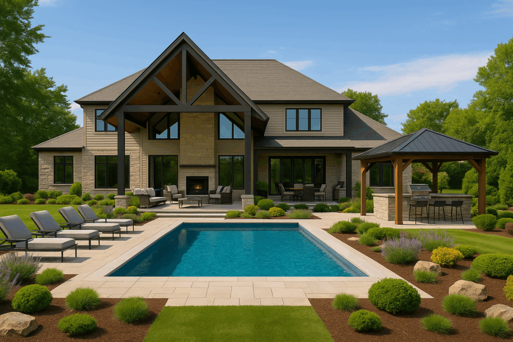 Luxury backyard retreat by Custom Home Builders in Calgary, ConstructionX, featuring a swimming pool, outdoor kitchen, gazebo, and a large two-story gable home.