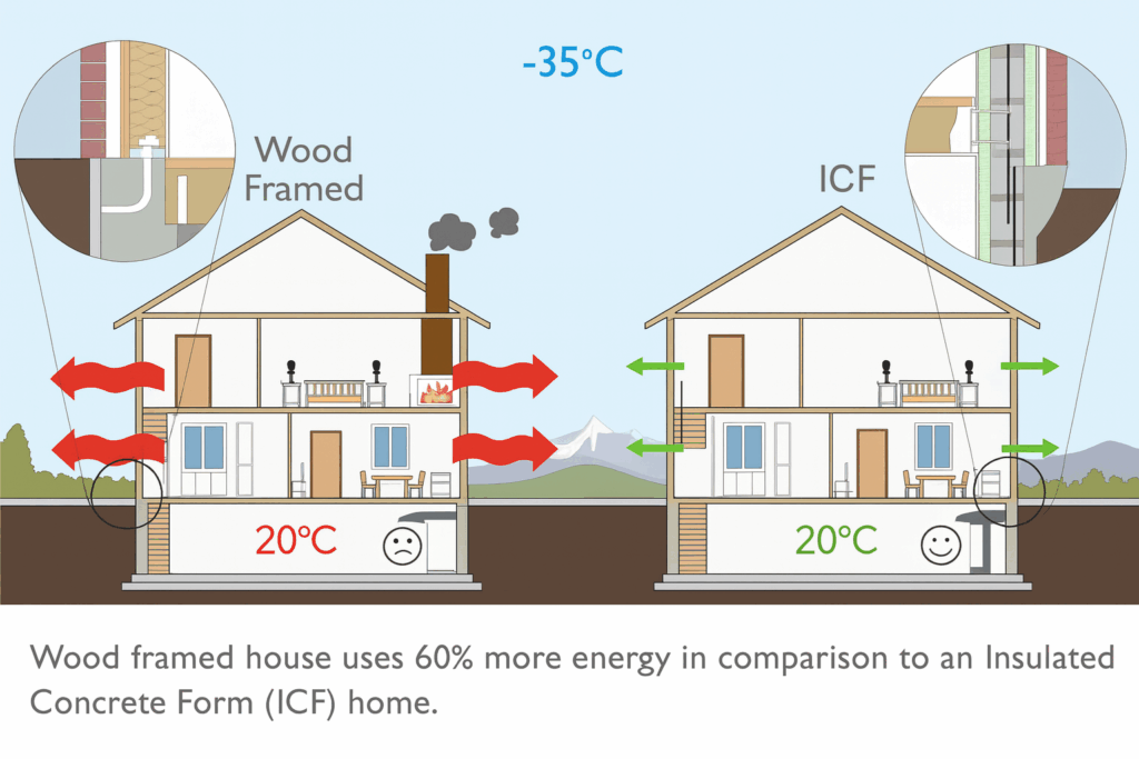 Energy efficiency comparison diagram by Custom Home Builders in Calgary, ConstructionX, showing wood-framed vs ICF insulated concrete form homes at -35°C.