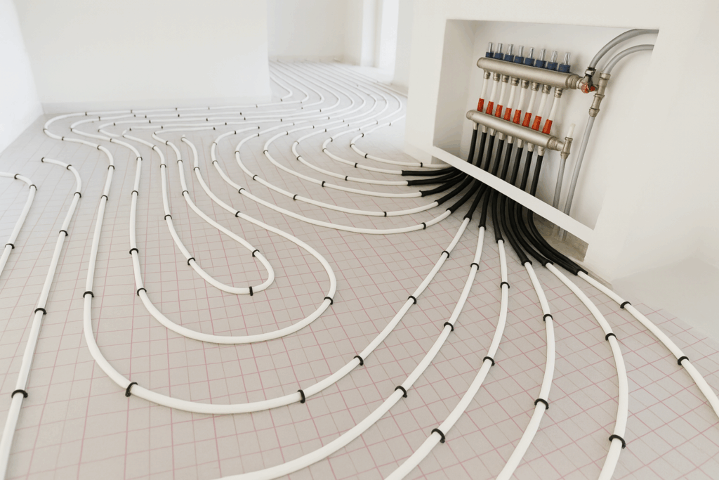 Radiant floor heating system installation by Custom Home Builders in Calgary, ConstructionX, showing PEX tubing connected to a modern manifold system.