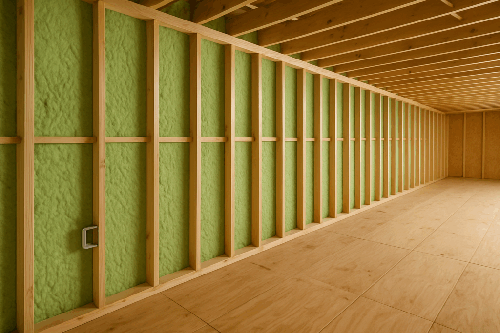 Spray foam insulated wall with wood framing and plywood flooring by Custom Home Builders in Calgary, ConstructionX.