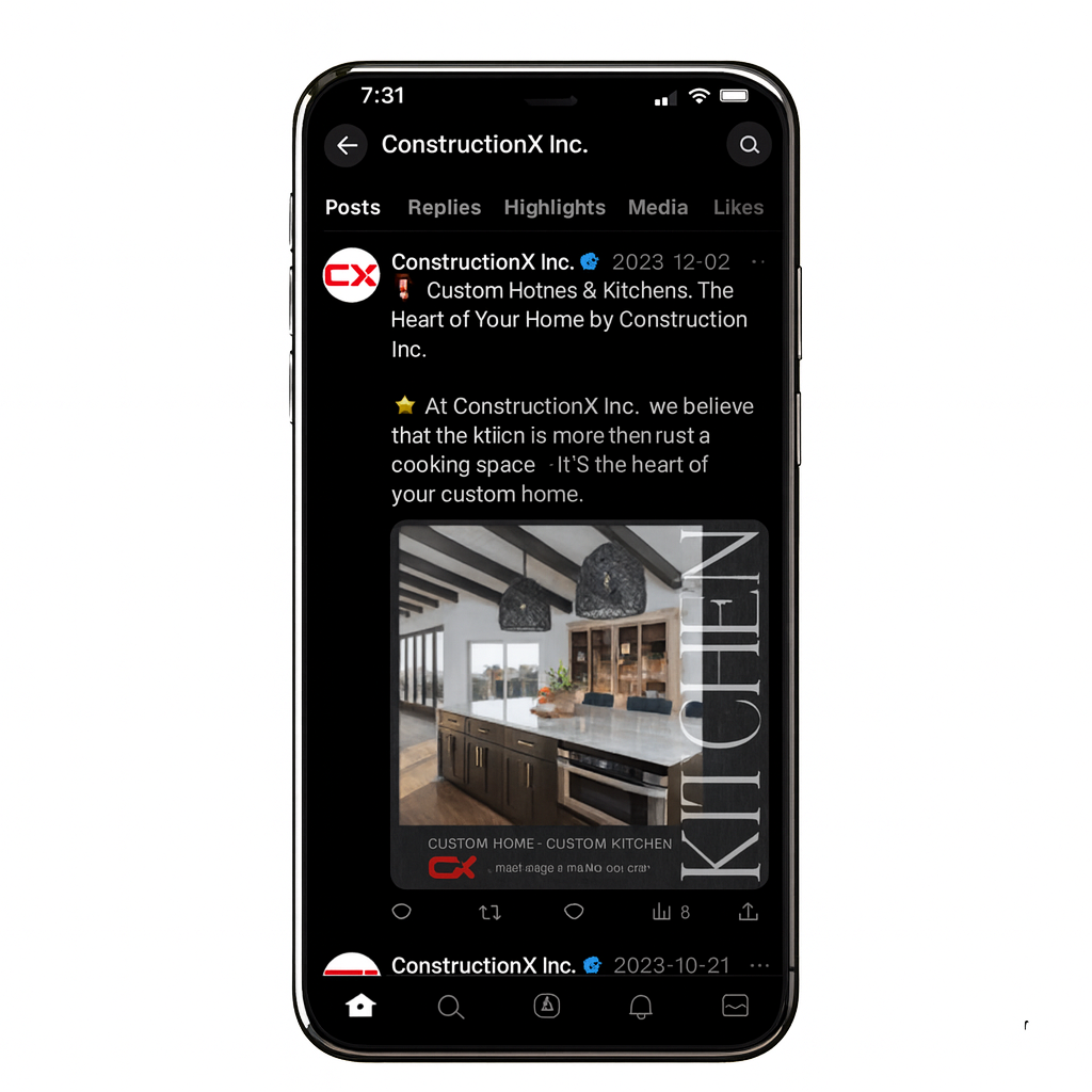 Smartphone screen showing a social media post from ConstructionX, Custom Home Builders in Calgary, highlighting a modern custom kitchen design.