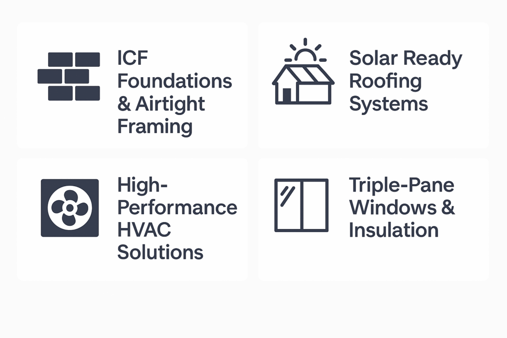 Infographic by Custom Home Builders in Edmonton, ConstructionX, highlighting ICF foundations, solar-ready roofing, triple-pane windows, and high-performance HVAC solutions.