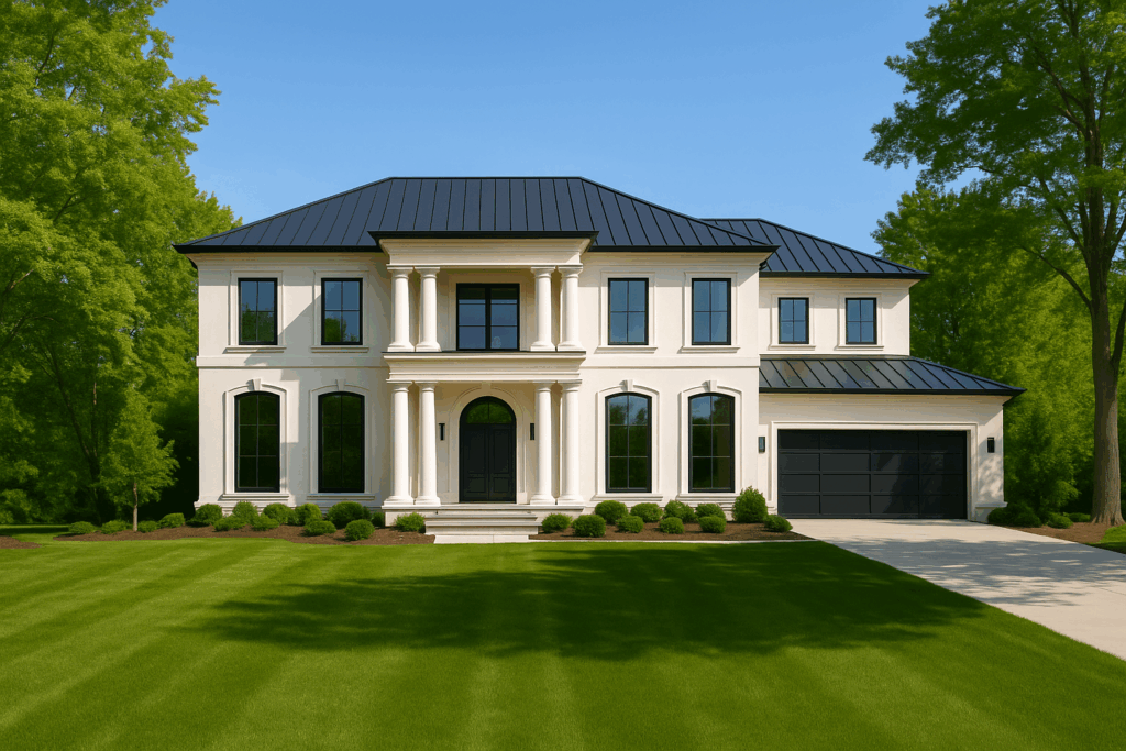 Modern Colonial-style luxury home by Custom Home Builders in Edmonton, ConstructionX, with manicured landscaping and trees surrounding the property.