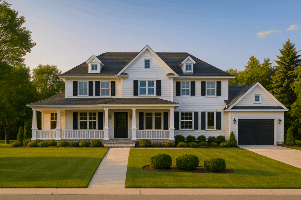 Hamptons-style luxury custom home by Custom Home Builders in Edmonton, ConstructionX, featuring elegant stone exterior, dark rooflines, and enhanced landscaping.