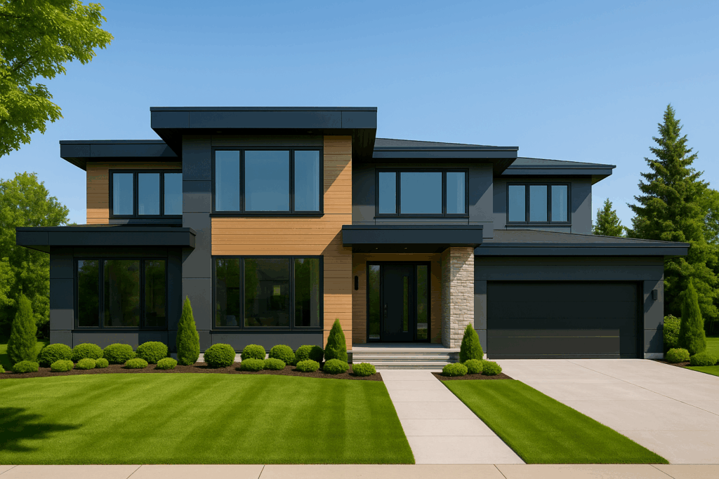 Modern family-style custom home by Custom Home Builders in Edmonton, ConstructionX, featuring clean lines, ACM paneling, and landscaped front yard.