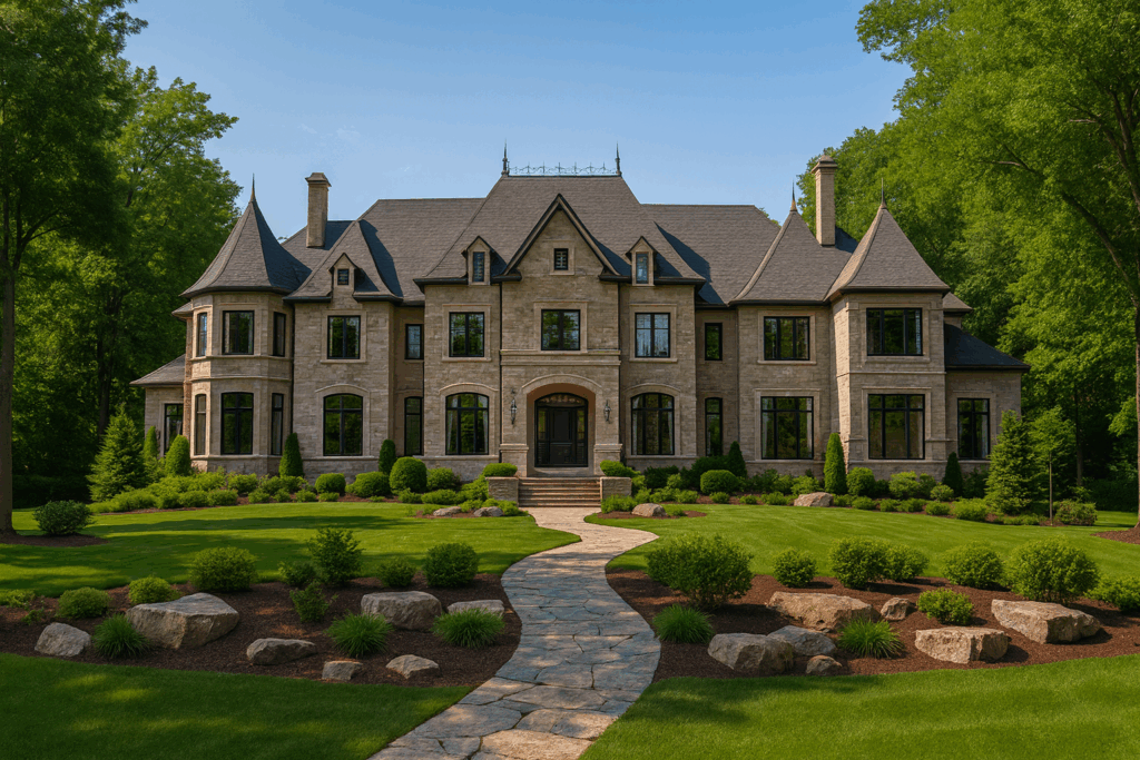 Luxury chateau-style estate by Custom Home Builders in Edmonton, ConstructionX, featuring stone architecture, manicured landscaping, and tree-lined surroundings.