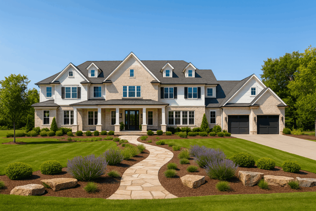 Luxury ranch-style custom home by Custom Home Builders in Edmonton, ConstructionX, featuring expansive design, elegant landscaping, and upscale curb appeal.