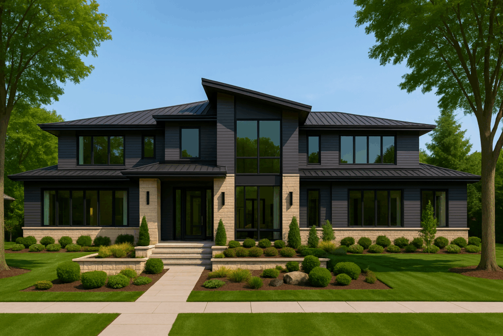 Modern luxury home in a green suburban setting, designed by custom home builders in Edmonton