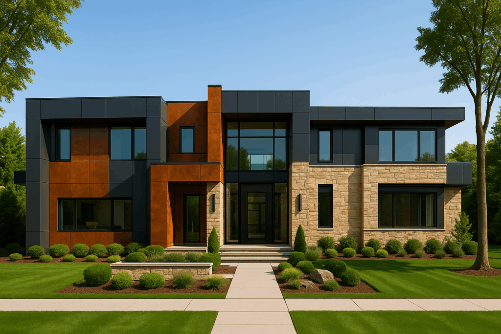 Contemporary luxury home with ACM panels, stone veneer, and corten steel accents built by custom home builders in Edmonton