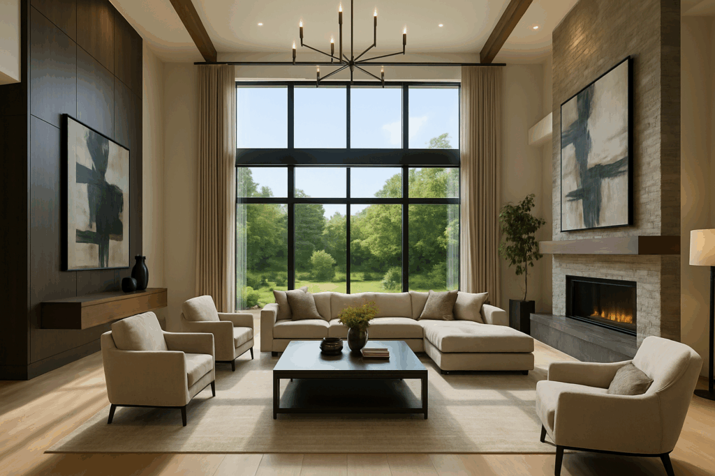 Spacious luxury great room with two-story ceilings, large windows, and modern decor by custom home builders in Edmonton